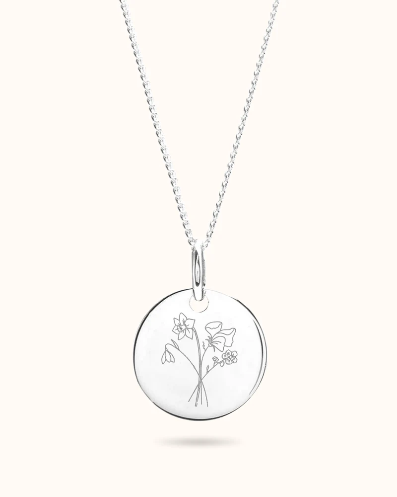 Geboortebloem Boeket Coin Ketting - Zilver - Gepersonaliseerde Ketting