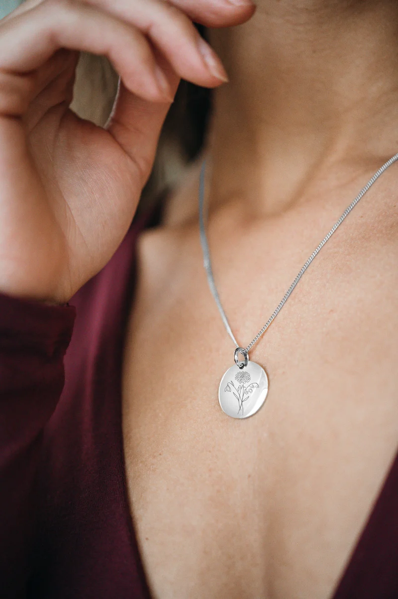 Geboortebloem Boeket Coin Ketting - Zilver - Gepersonaliseerde Ketting