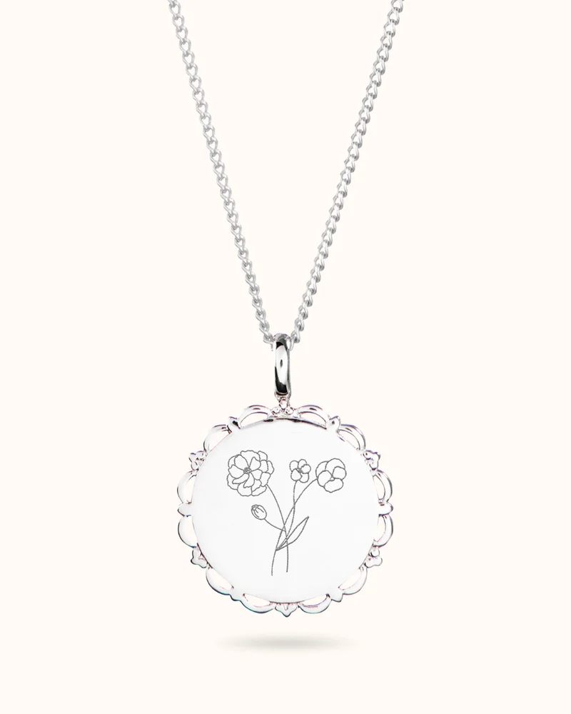 Geboortebloem Boeket Vintage Coin Ketting - Zilver - Gepersonaliseerde Ketting