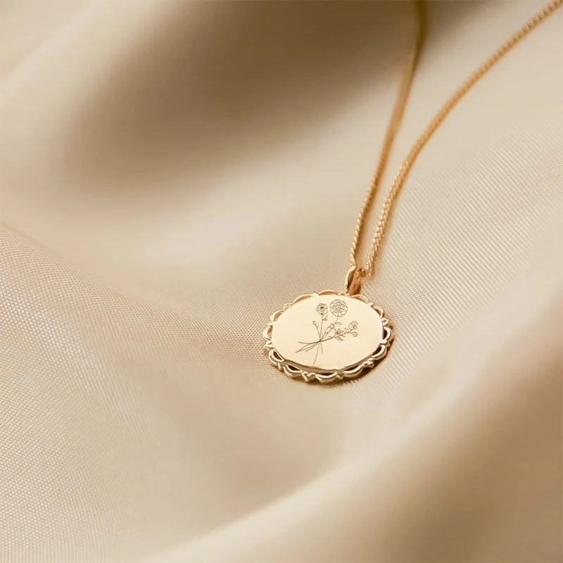 Geboortebloem Boeket Vintage Coin Ketting - Zilver - Gepersonaliseerde Ketting