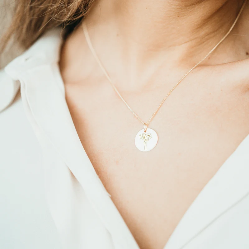9k Geboortebloem Boeket Coin Ketting - Gepersonaliseerde Ketting - 16mm