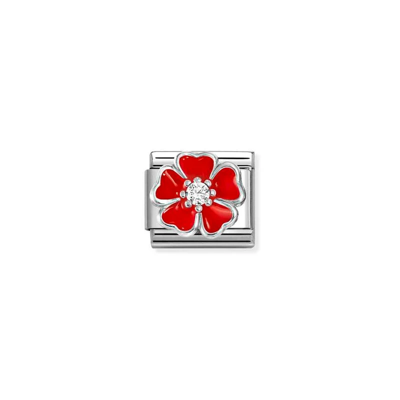 Classic Silver CZ and Enamel Red & White Shaded Blossom Flowers & Nature Charms