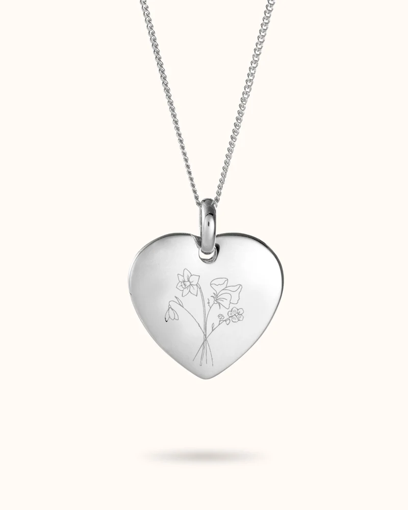 Geboortebloem Boeket Heart Charm Ketting - Zilver - Gepersonaliseerde Ketting
