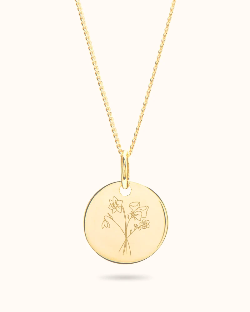 9k Geboortebloem Boeket Coin Ketting - Gepersonaliseerde Ketting - 18mm