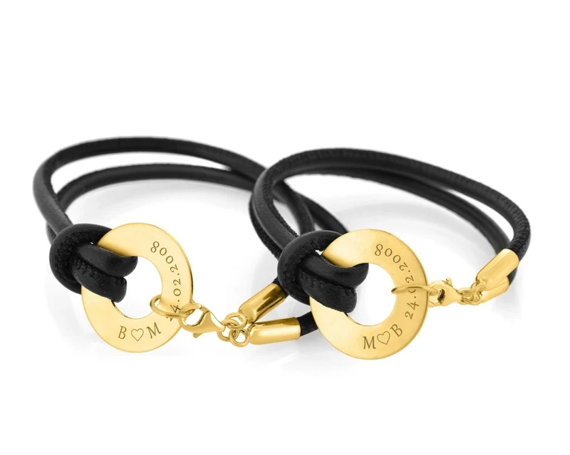 LEDERARMBÄNDER MIT GRAVUR GOLD LEDER HOCHWERTIGE PARTNERARMBÄNDER ANHÄNGER