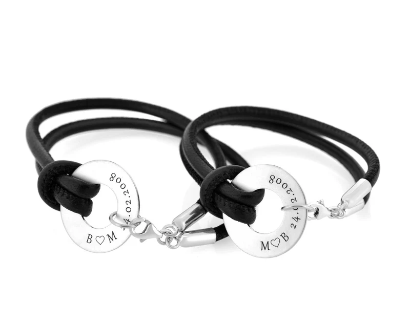 PARTNERARMBAND MIT GRAVUR LEDER ARMBAND MIT PERSONALISIERBAREN ANHÄNGER 925 SILBER