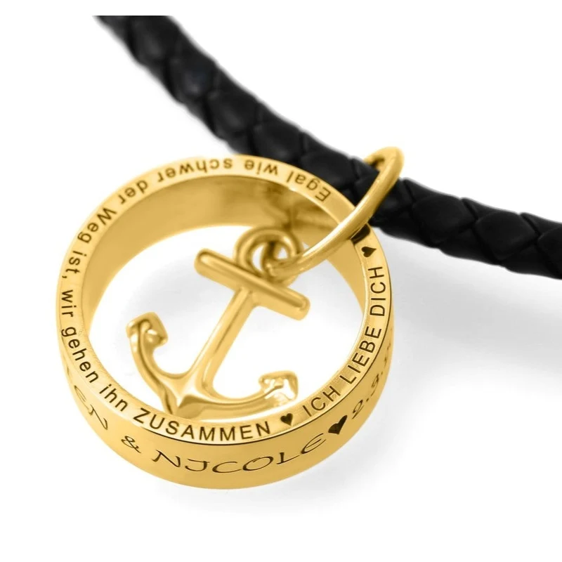 MÄNNERSCHMUCK GOLD SCHWARZ HERRENKETTE MIT RING & ANKER RING KETTE MIT GRAVUR