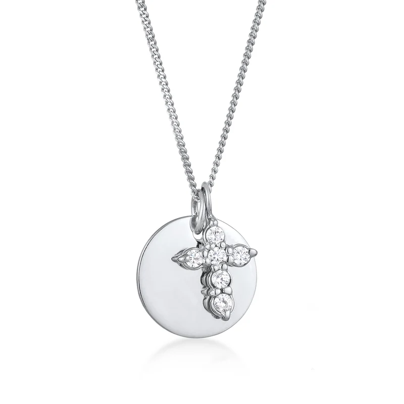 Halskette Plättchen Kreuz | Zirkonia (Weiß)