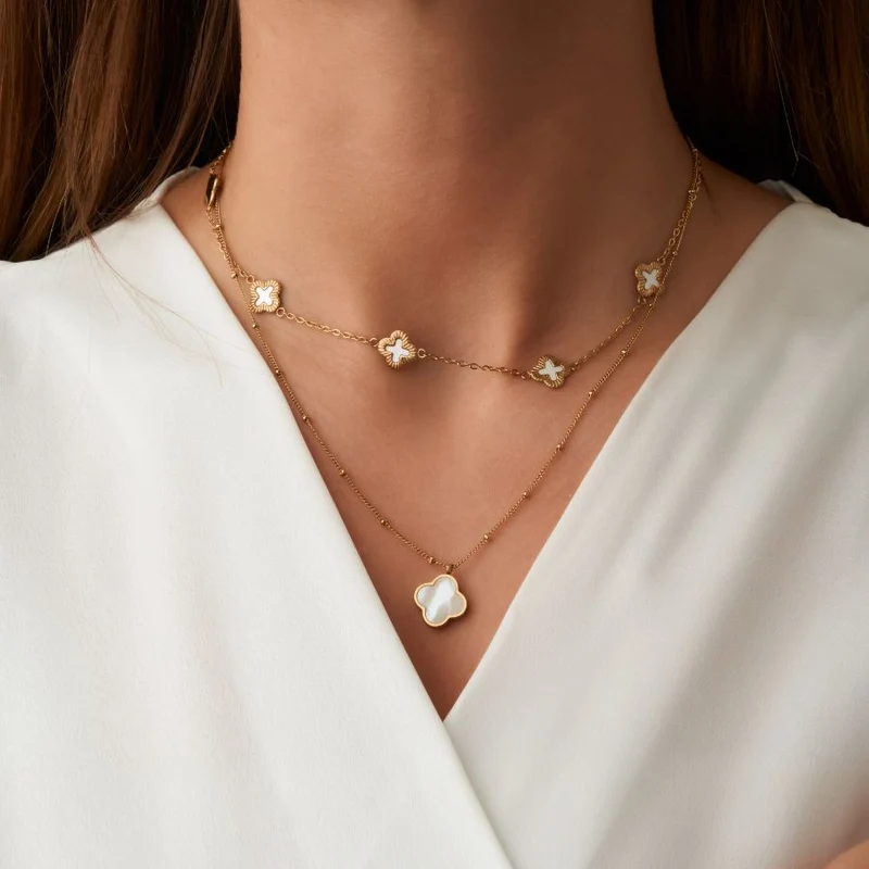 Perlmutt Lucky Leaf Set 14K Vergoldet