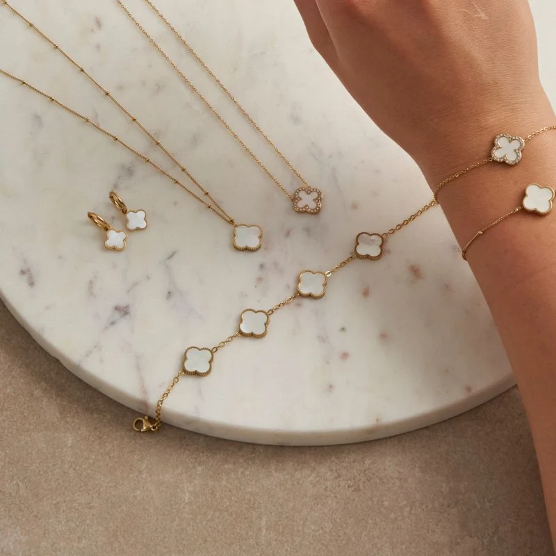 Perlmutt Lucky Leaf Set 14K Vergoldet