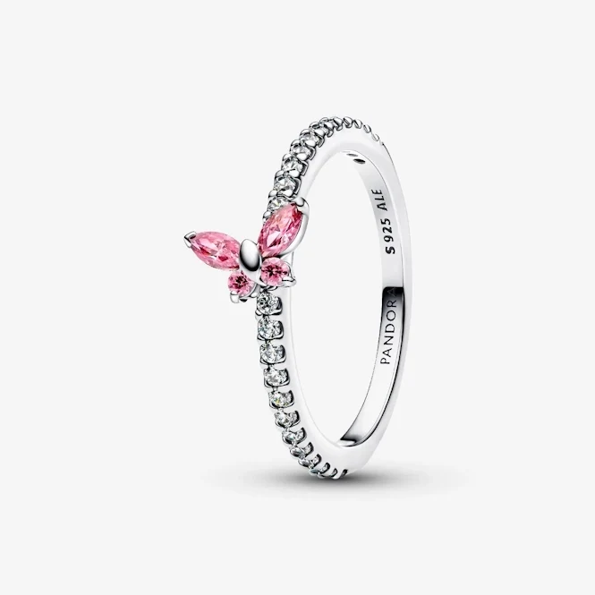 Sparkling Fancy Pink Butterfly Ring, Size 54
