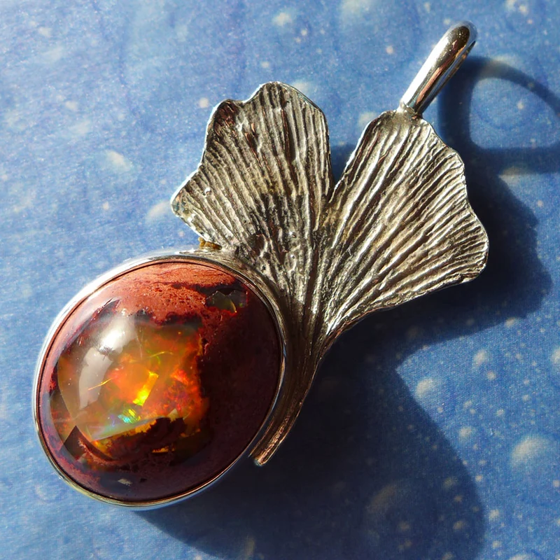 Feueropal Ginkgo Schmuck Anhänger