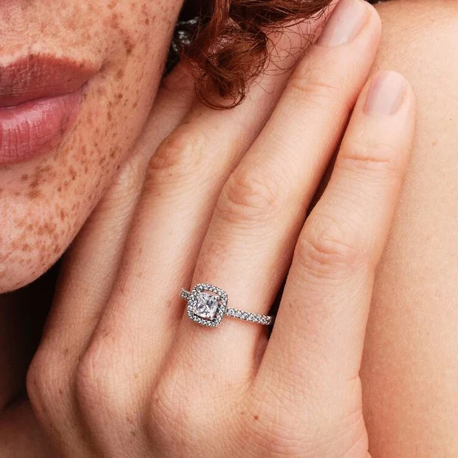 Sparkling Square Halo Ring, Size 56