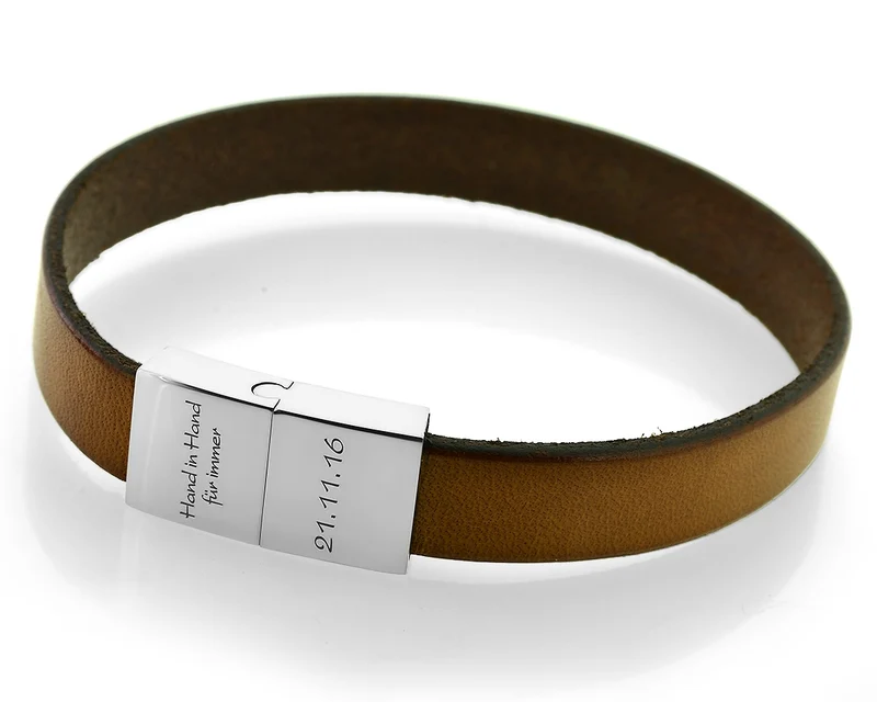 HERREN LEDER ARMBAND BRAUN GRAVUR MÄNNER ARMBÄNDER HERRENARMBAND