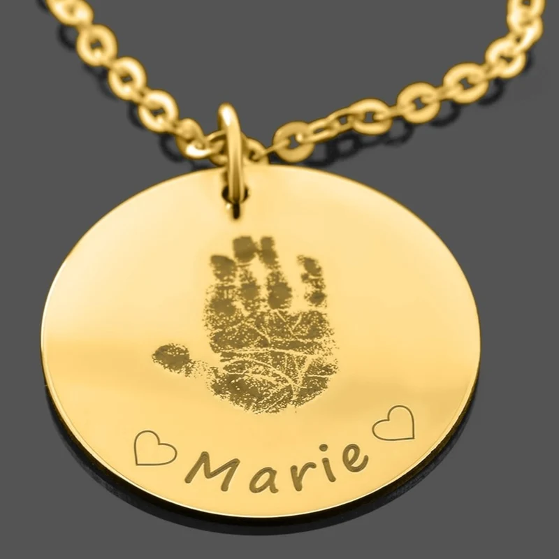 HALSKETTE MIT HANDABDRUCK GRAVUR DAMEN KETTE MIT PERSONALISIERTEM ANHÄNGER GOLD