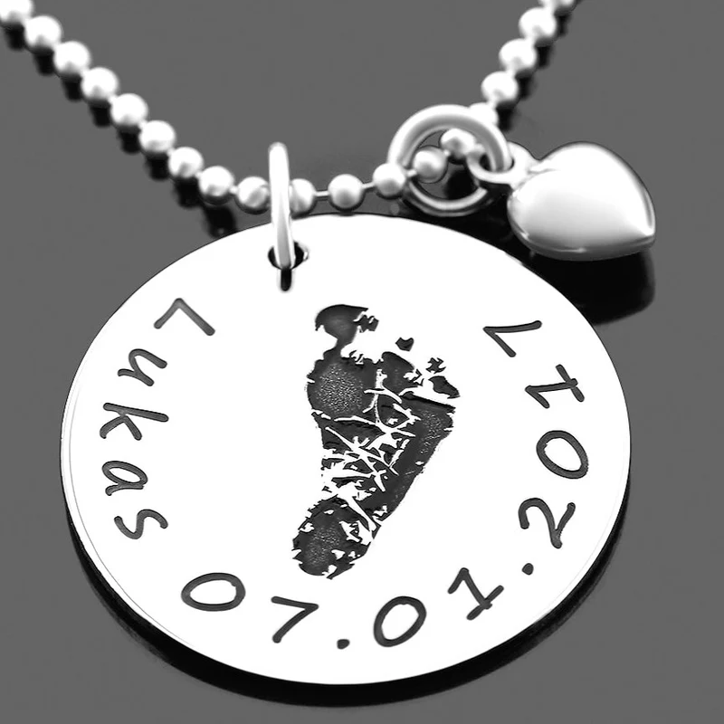 SILBERSCHMUCK MIT GRAVUR HALSKETTE MÜTTER FUßABDRUCK BABY NAMENSKETTE MAMA