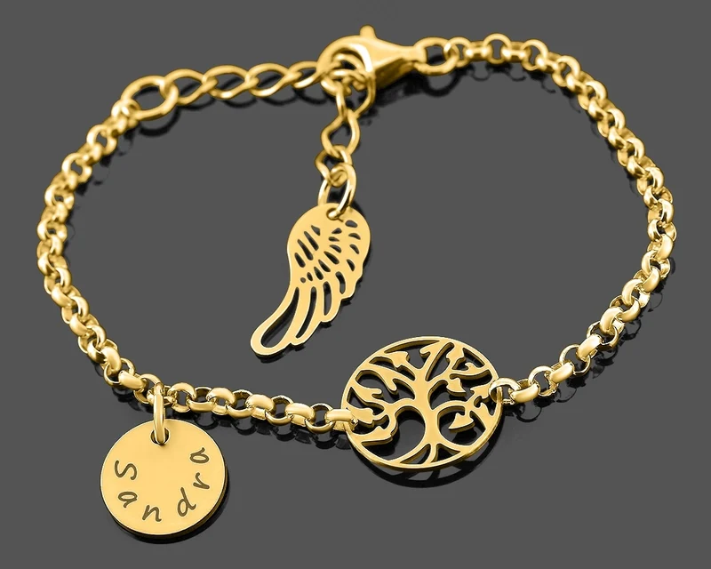 ARMBAND FRAU GOLD DAMENARMBAND MIT FLÜGEL GRAVUR ANHÄNGER GOLDARMBAND NAME