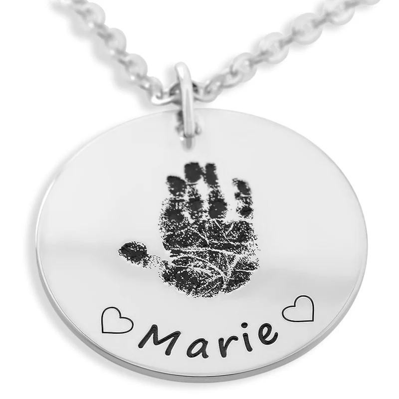 HANDABDRUCK KETTE, GESCHENK ZUR GEBURT, SCHMUCK FÜR MAMA MIT GRAVUR, ANHÄNGER MIT HANDABDRUCK