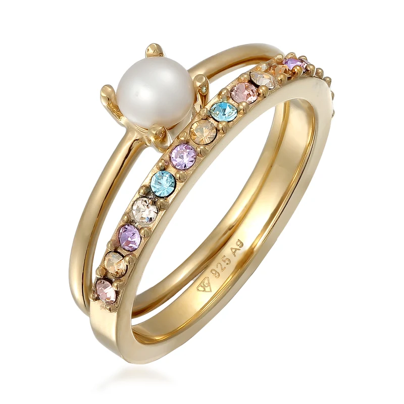 Ringset | Glaskristalle (Bunt) & Süßwasserzuchtperle