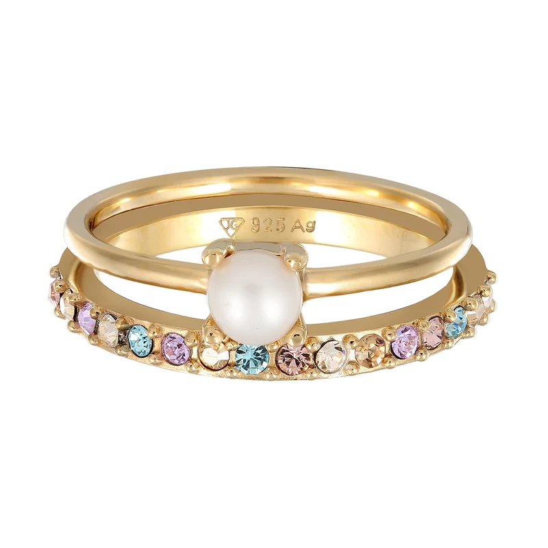 Ringset | Glaskristalle (Bunt) & Süßwasserzuchtperle