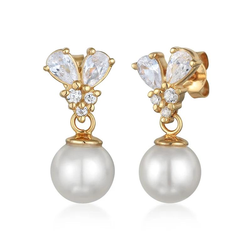 Drop Zirconia Classic Pearl Halskette & Zarte Ohrringe Schmuck Set