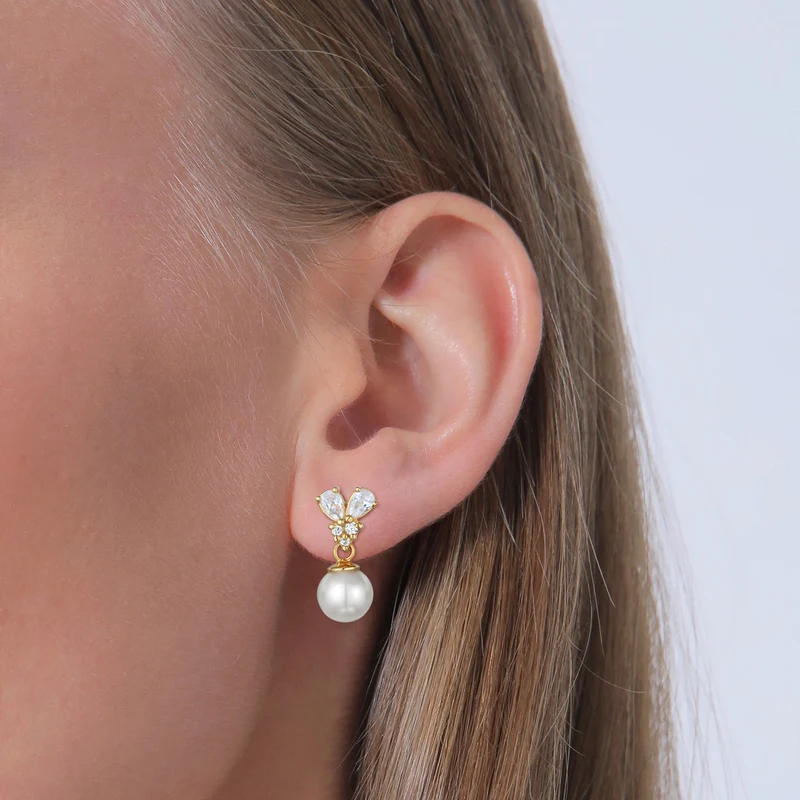 Drop Zirconia Classic Pearl Halskette & Zarte Ohrringe Schmuck Set