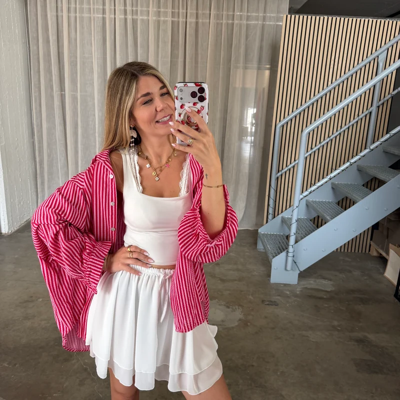 Oversize Musselinbluse Small Stripes - Rosa x Rot