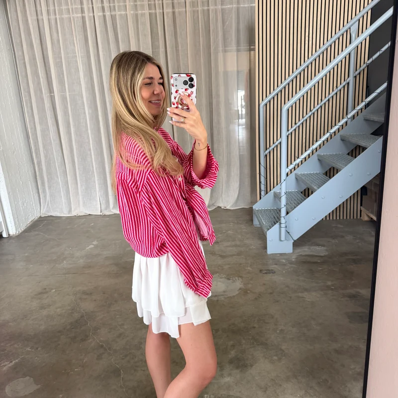 Oversize Musselinbluse Small Stripes - Rosa x Rot