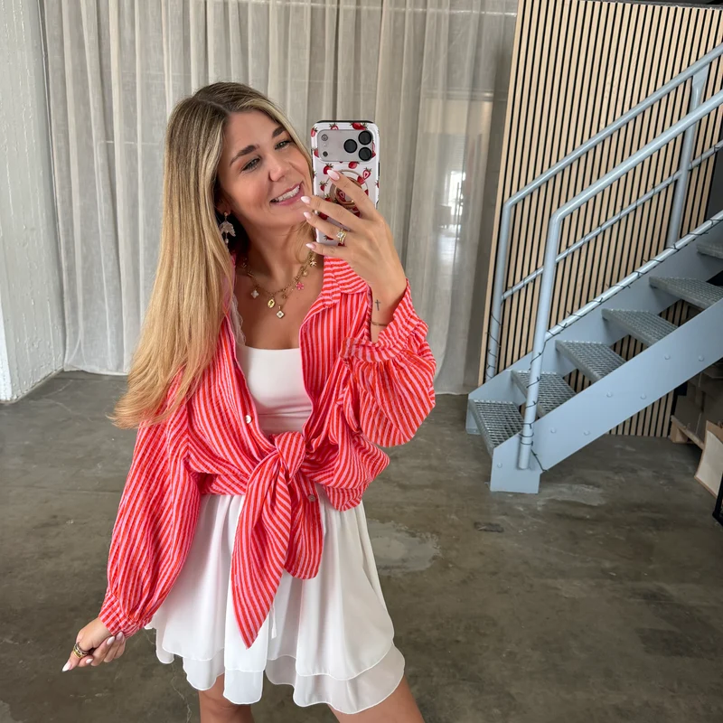 Oversize Musselinbluse Small Stripes - Orange x Rosa