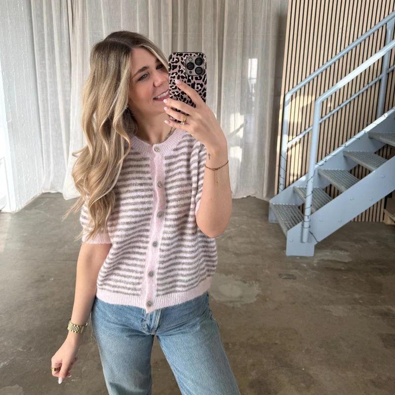 Short Stripes Strickjacke - Rosa x Taupe