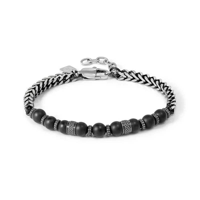 ManVision Chain Bracelet in Silver Steel with Matte Black Agate Stones