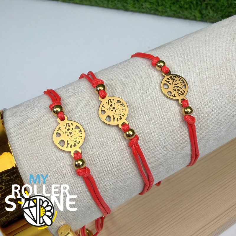 Armband „Baum des Lebens“, Edelstahl, rote Kordel