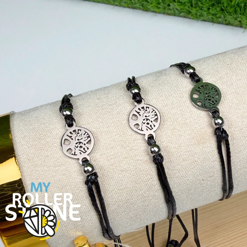 Lebensbaum-Armband aus Edelstahl mit Kordel