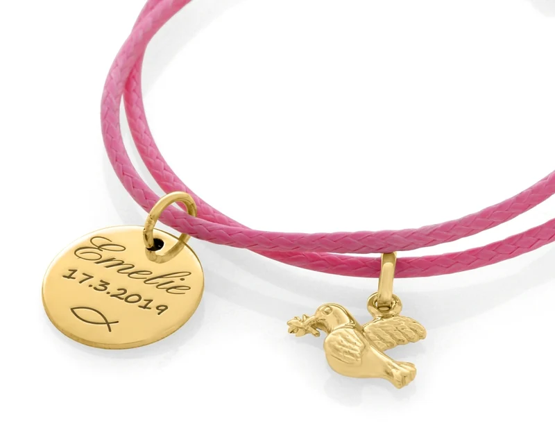 ARMBAND GRAVUR MIT TAUBE ZWEIG TAUFE NAMENSARMBAND VERGOLDET