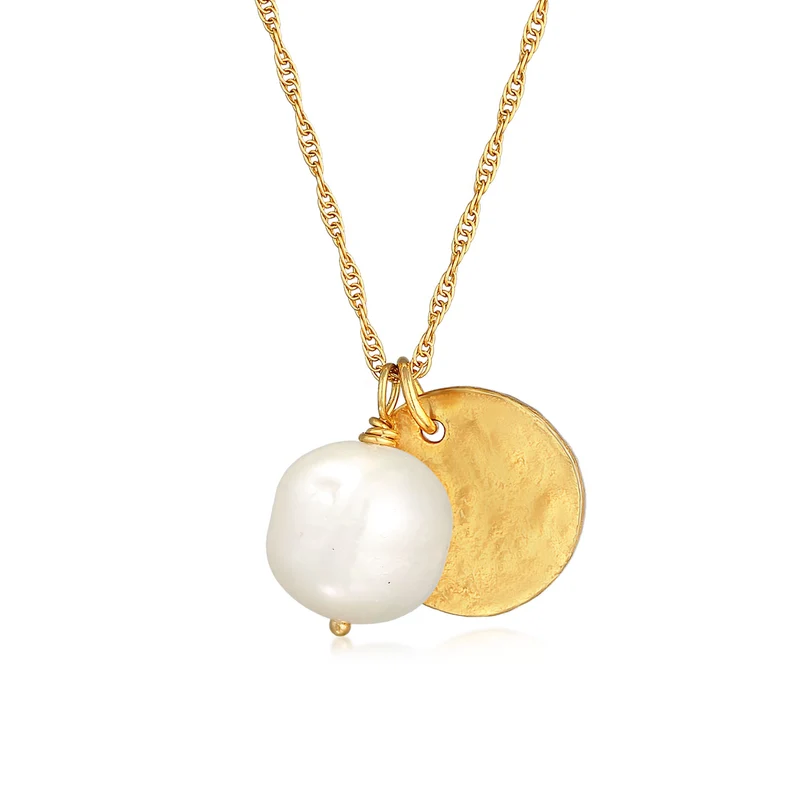 Hammered Coin & Baroque Pearl Halskette & Anhänger Ohrringe Schmuck Set