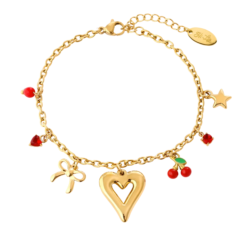 Golden Heart & Ribbon Charm Armband 14K Vergoldet