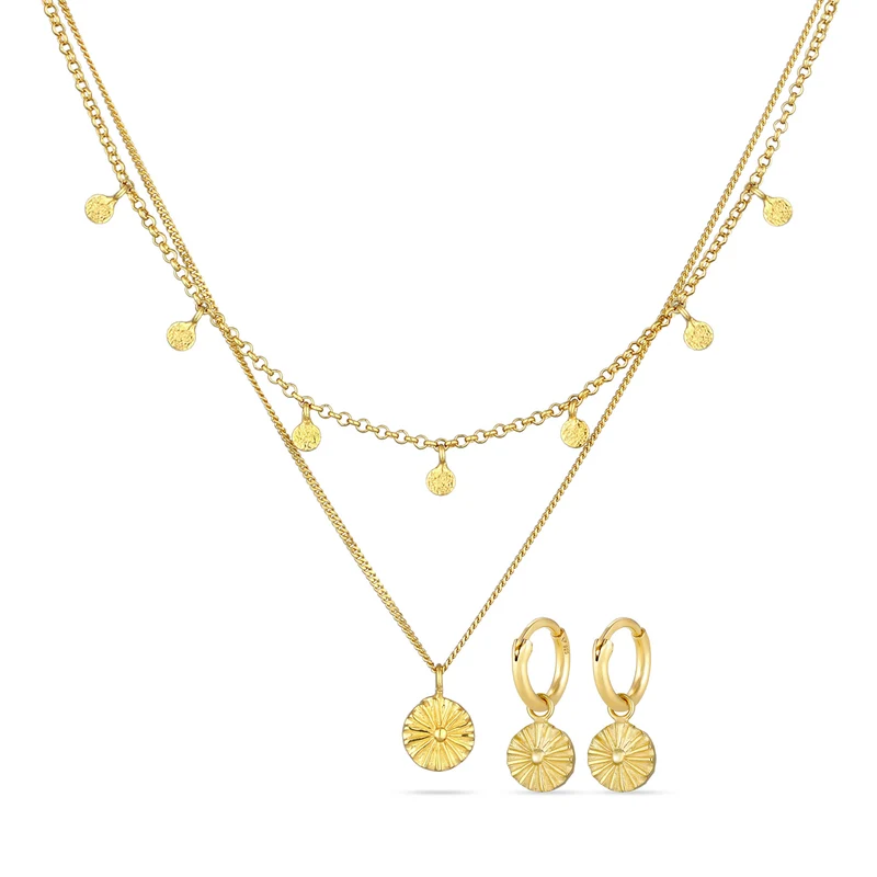 Golden Ray Sun Creolen & Halskette Schmuck Set