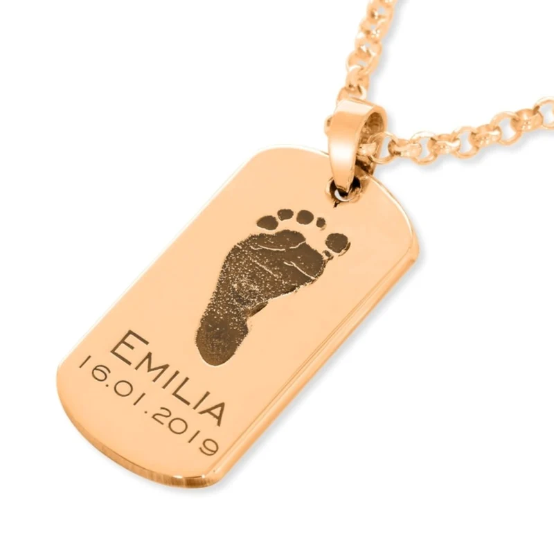 DOG TAG KETTE ROSÉ VERGOLDET GRAVUR FUßABDRUCK HANDABDRUCK BABY