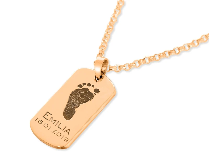 DOG TAG KETTE ROSÉ VERGOLDET GRAVUR FUßABDRUCK HANDABDRUCK BABY
