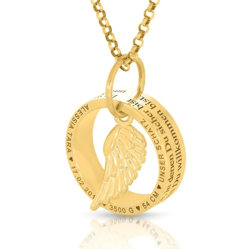HALSKETTE MUTTER GEBURT BABY GRAVUR NAMEN SPRUCH GESCHENK KETTE GOLD FLÜGEL