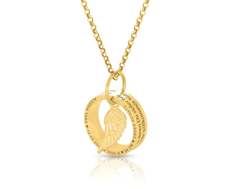 HALSKETTE MUTTER GEBURT BABY GRAVUR NAMEN SPRUCH GESCHENK KETTE GOLD FLÜGEL
