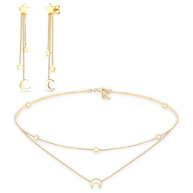 Half Moon & Small Star Anhänger Ohrringe & Lagen Choker Schmuck Set