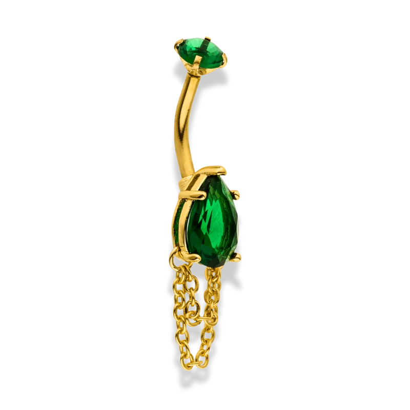 Emerald Double Chain Teardrop Belly Piercing 18K Vergoldet