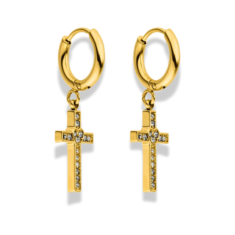 Heart Cross Huggie Ohrringe 14K Vergoldet