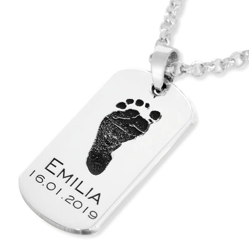 DOG TAG FUßABDRUCK NAMENSKETTE 925 SILBER HERRENSCHMUCK