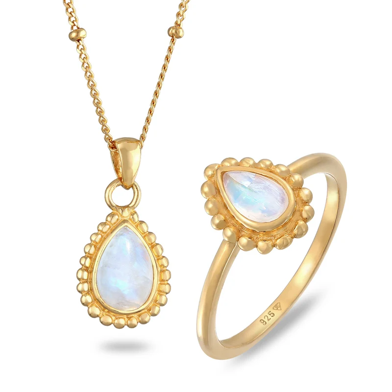 Drop Rainbow Mondstein Ring mit Blasenfassung & Halskette Schmuck Set