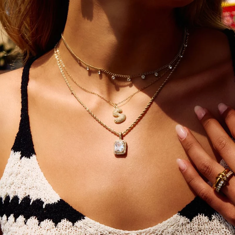 Pave Bubble Initial Kette 14K Vergoldet