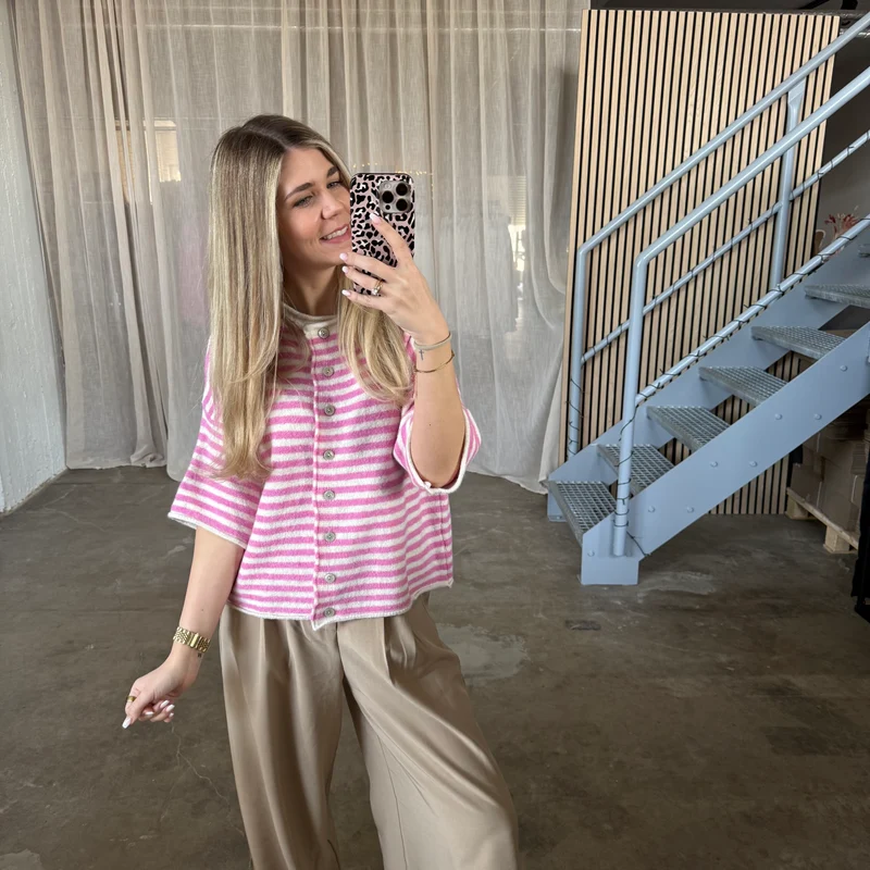 Kurzarm Stripes Strickjacke - Creme x Pink