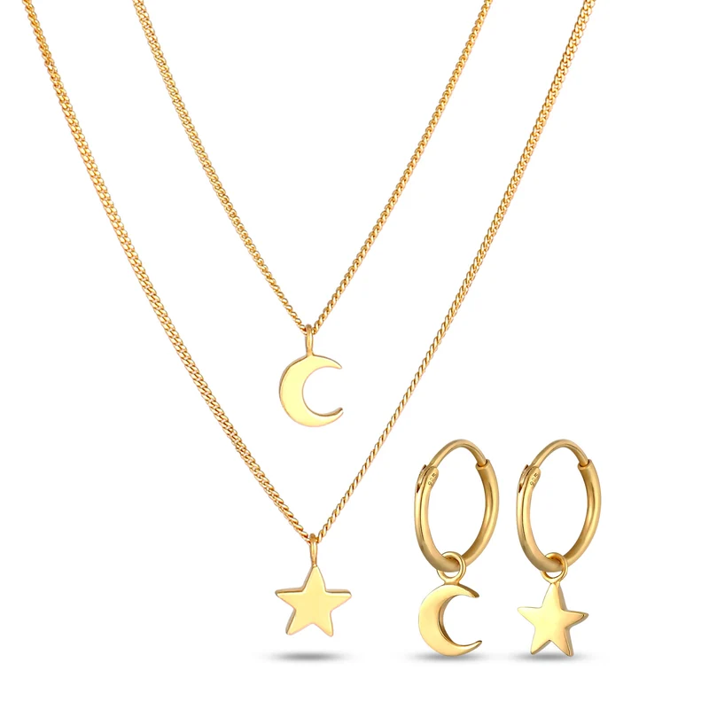 Half Moon & Star Layered Halskette & Creolen Schmuck Set
