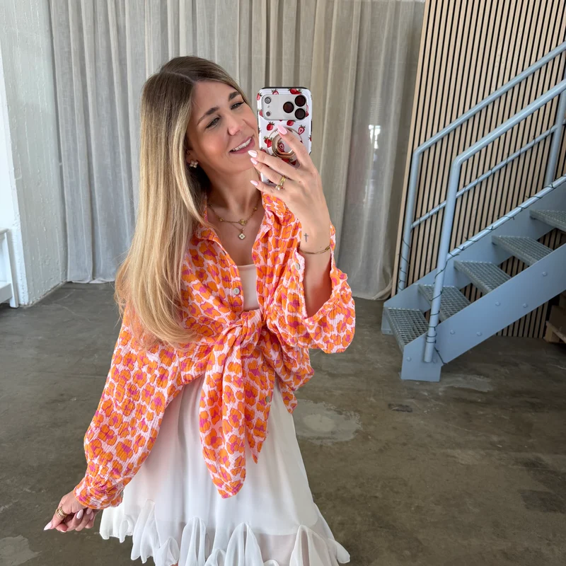 Oversize Musselinbluse Big Leo - Orange x Weiß